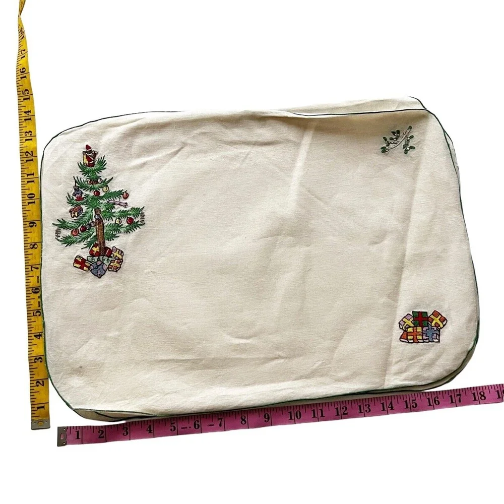 Vtg JABARA 8 pc Linen Placemat Napkin Set Embroidered Christmas Tree Presents